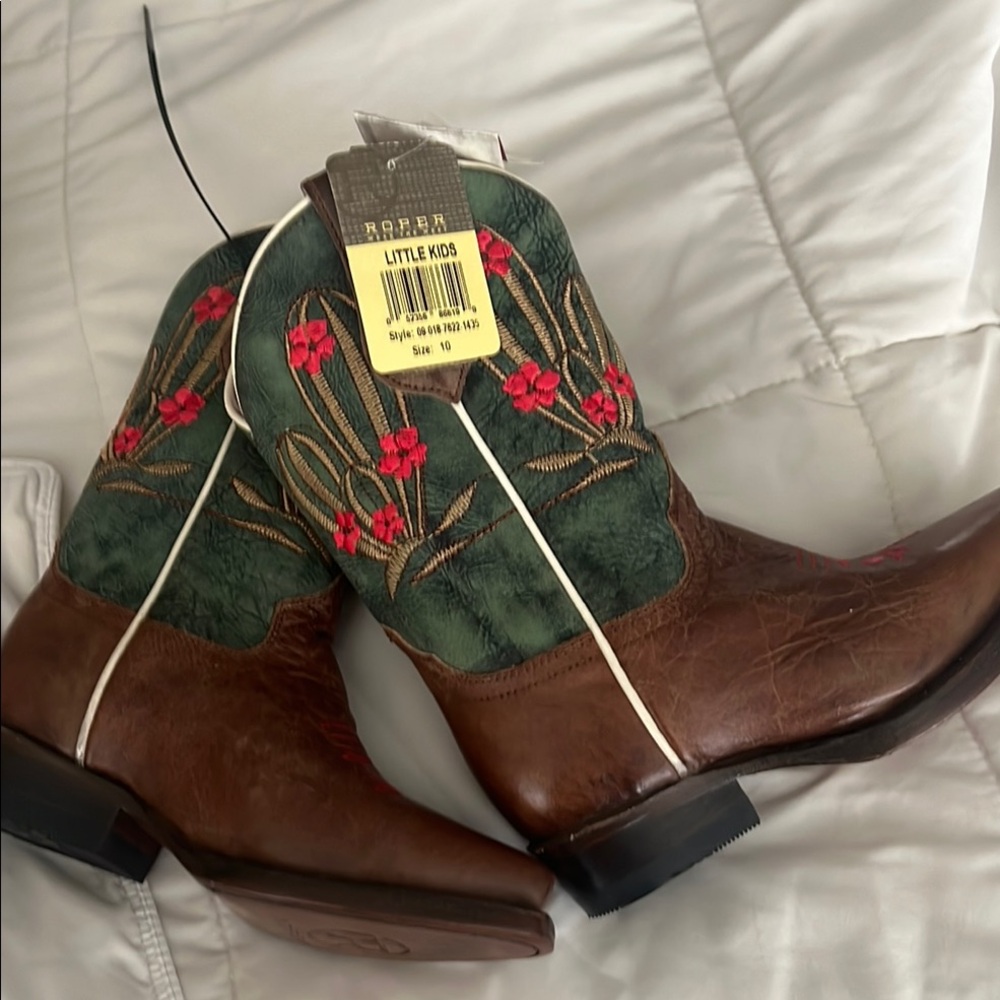 Roper Kids Boots - Brown and Green with Red Accents